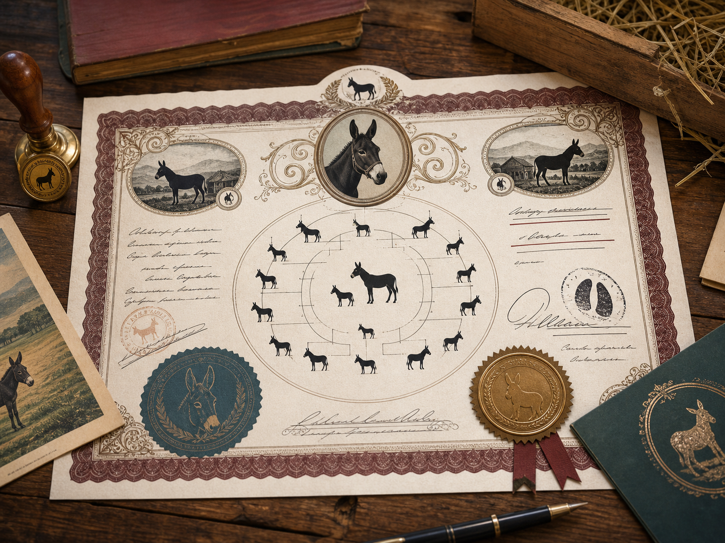 A fictional donkey pedigree certificate with circular family tree markings.