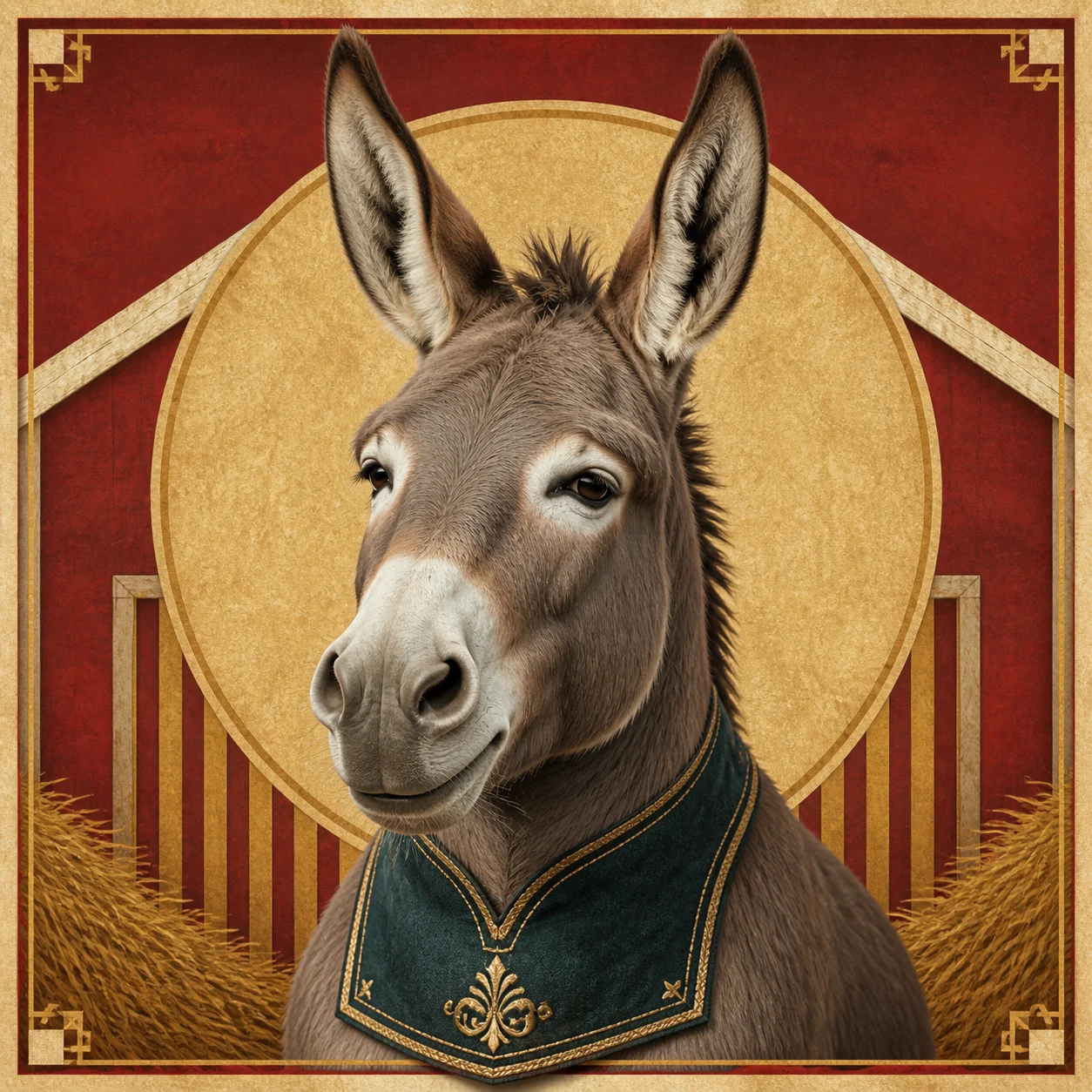 NFT-style portrait of Barnaby the Unwise, a gray-brown donkey in a teal show bib.