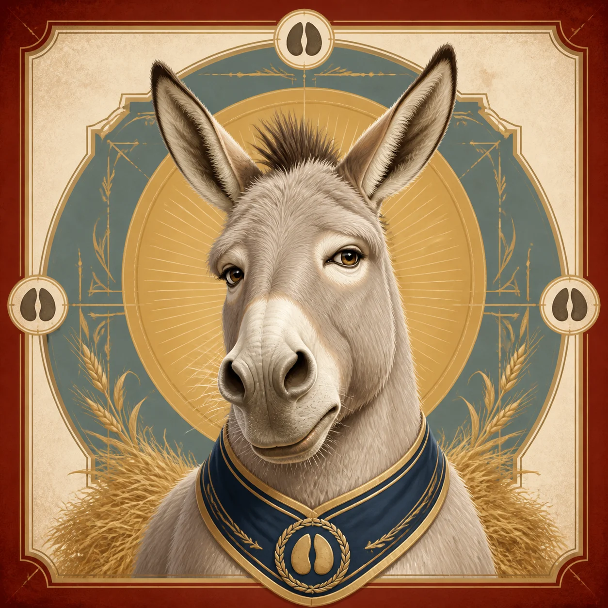 NFT-style portrait of Cleft Foot Carl, a pale gray donkey in a navy show bib.